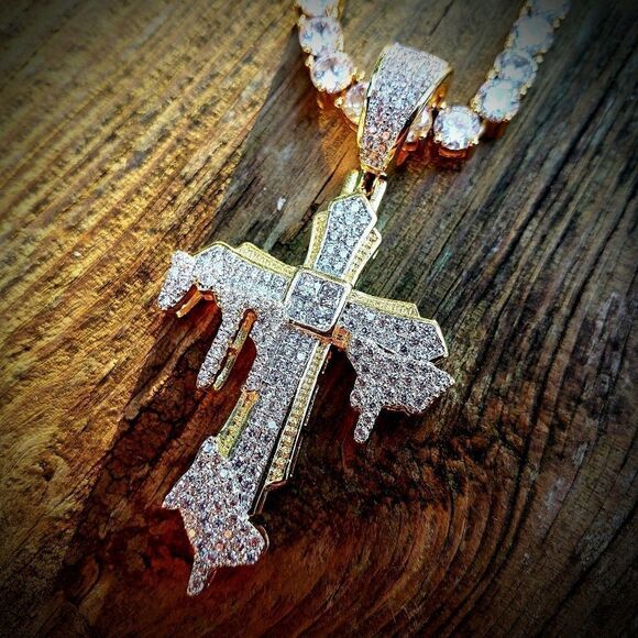 Simulated Diamond Drip Cross Pendant - Picture 2 of 3
